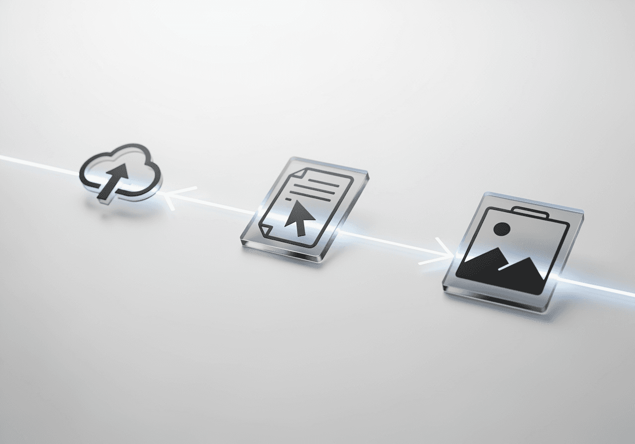 Three minimalist icons for upload, prompt, and generate, illustrating a simple three-step process.