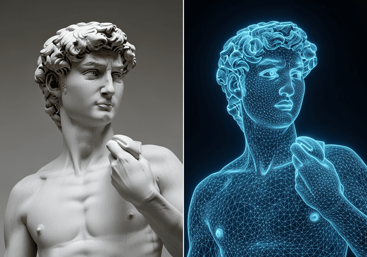 A diptych showing a statue and its corresponding 3D wireframe, symbolizing the AI's analysis of image depth.