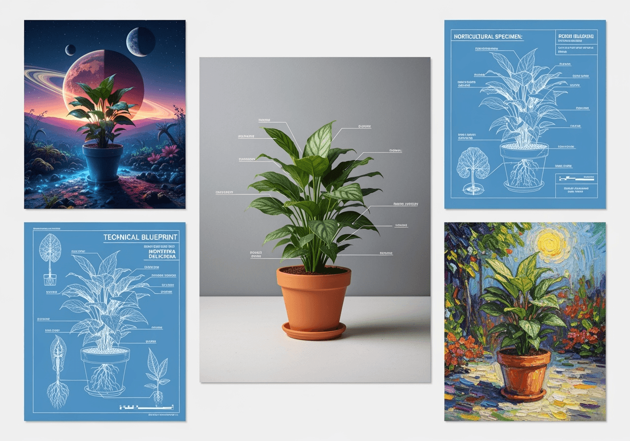 A mood board showing a single plant reimagined in various creative styles, representing diverse content creation possibilities.
