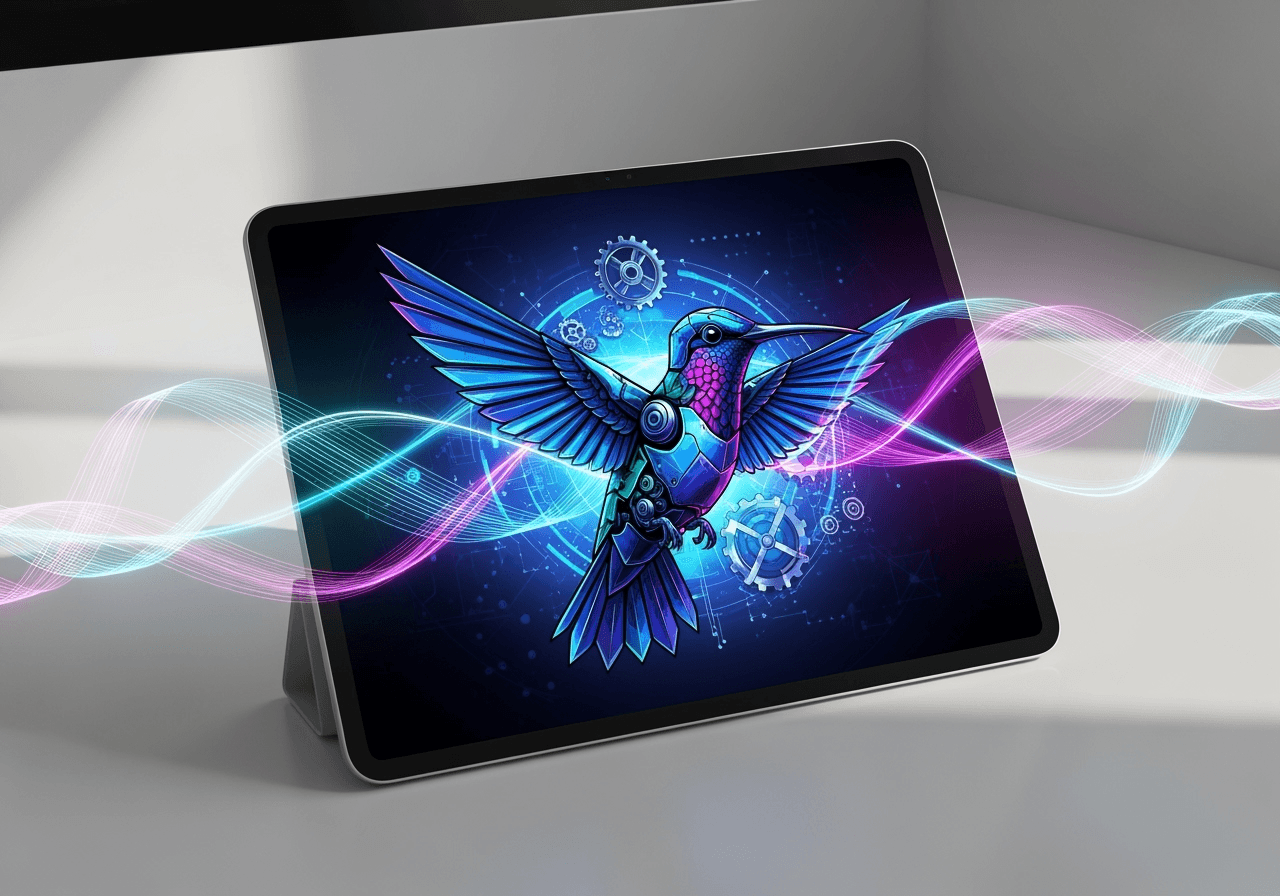A tablet on a modern desk showing a vector art of a robotic hummingbird, with light trails indicating AI generation.