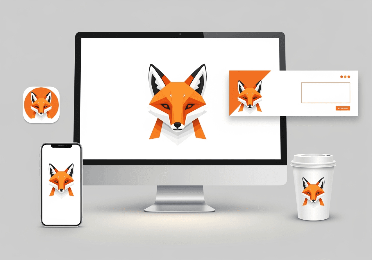 A vector fox illustration on a monitor, with mockups showing its versatile application on an app, website, and cup.