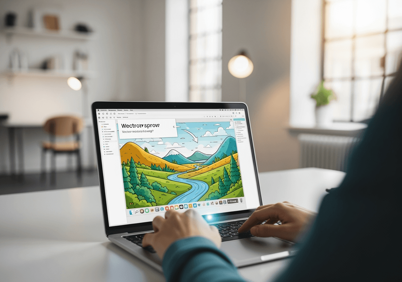 A view over a person's shoulder as a text prompt becomes a vector landscape on a laptop screen.