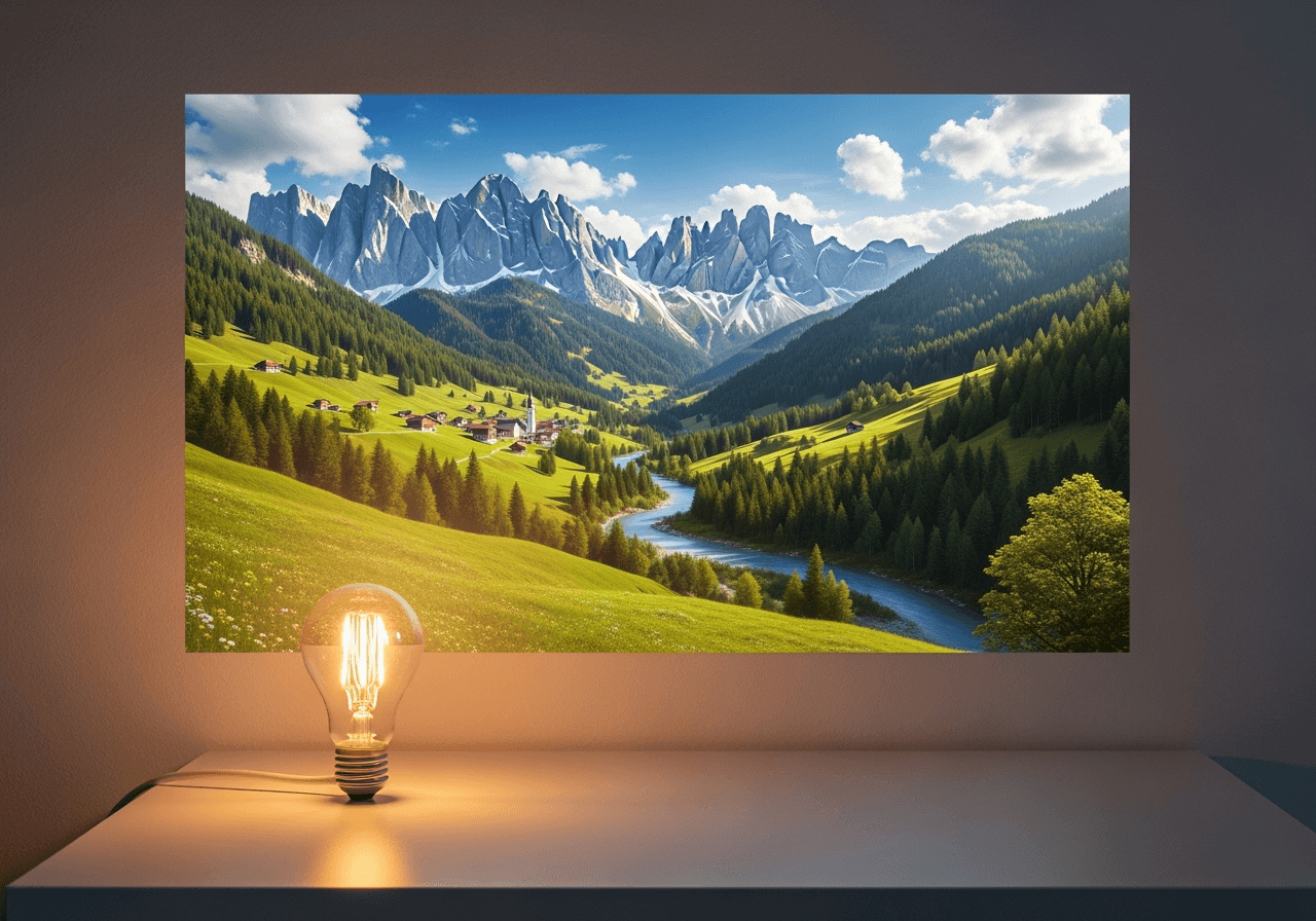 A glowing lightbulb projecting a complex, detailed landscape, symbolizing the creative expansion of a simple idea.