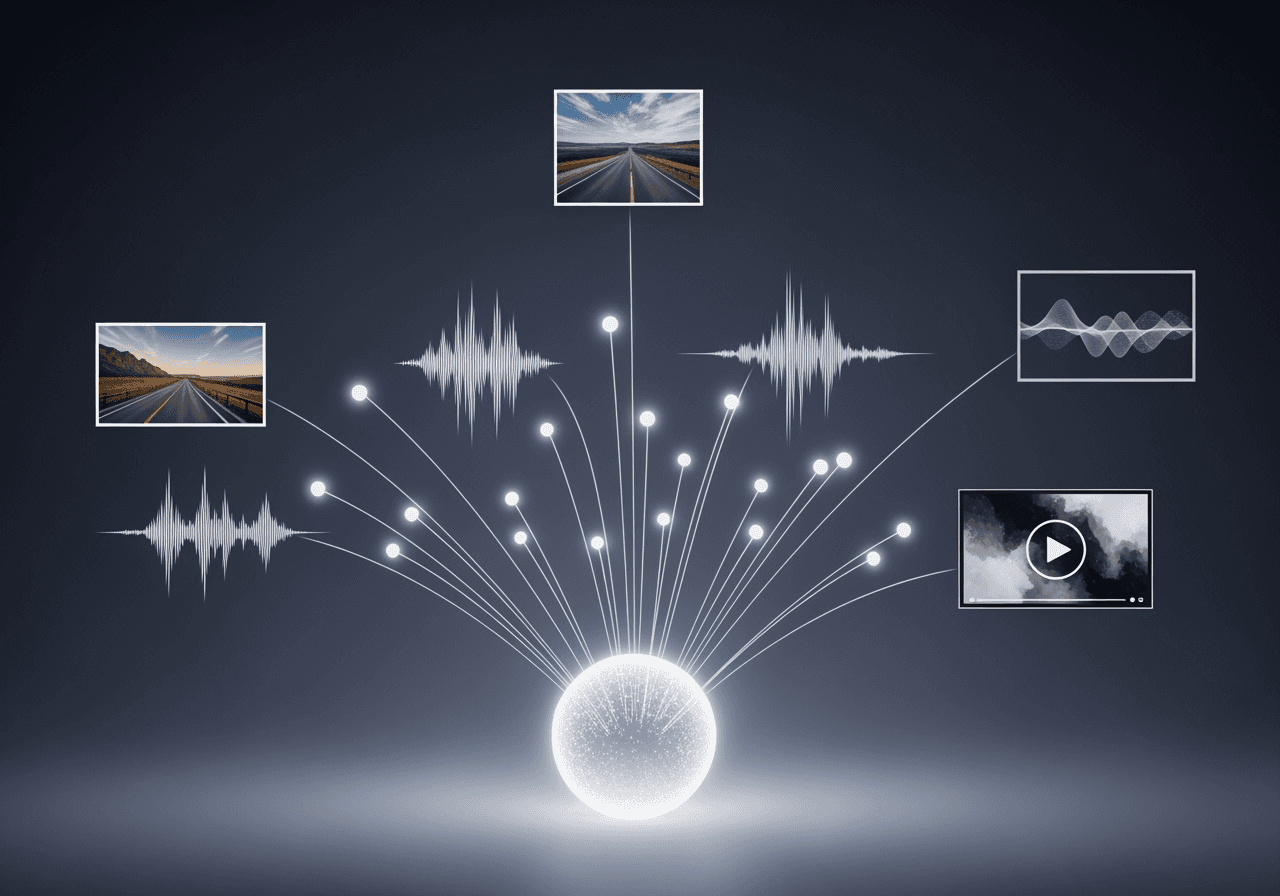 A central glowing orb connecting to different media types like images and sound, representing the integration of various AI tools.