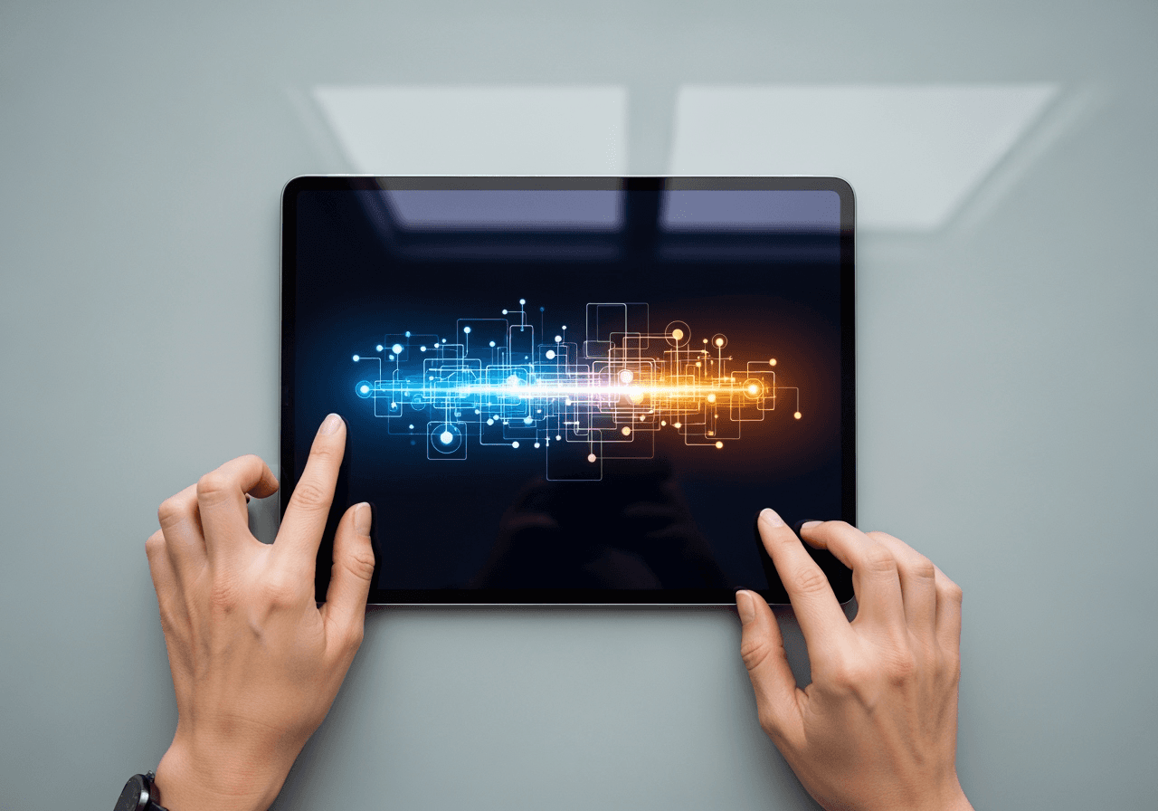 A user interacting with a sleek tablet on a minimalist desk, symbolizing an easy and intuitive AI workflow.