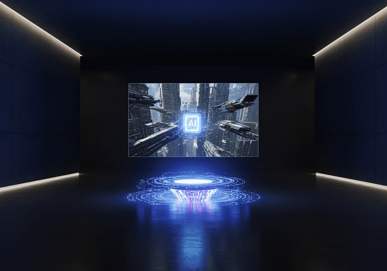 Abstract glowing AI core creating a photorealistic image, symbolizing advanced image generation.