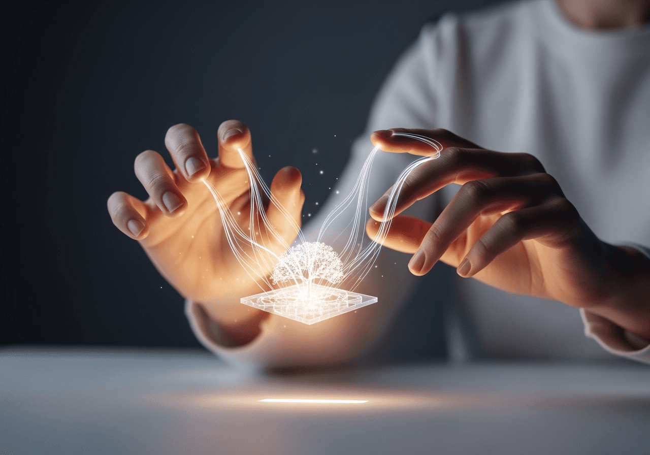 Hands interacting with a minimalist light interface, symbolizing an easy and intuitive creation process.