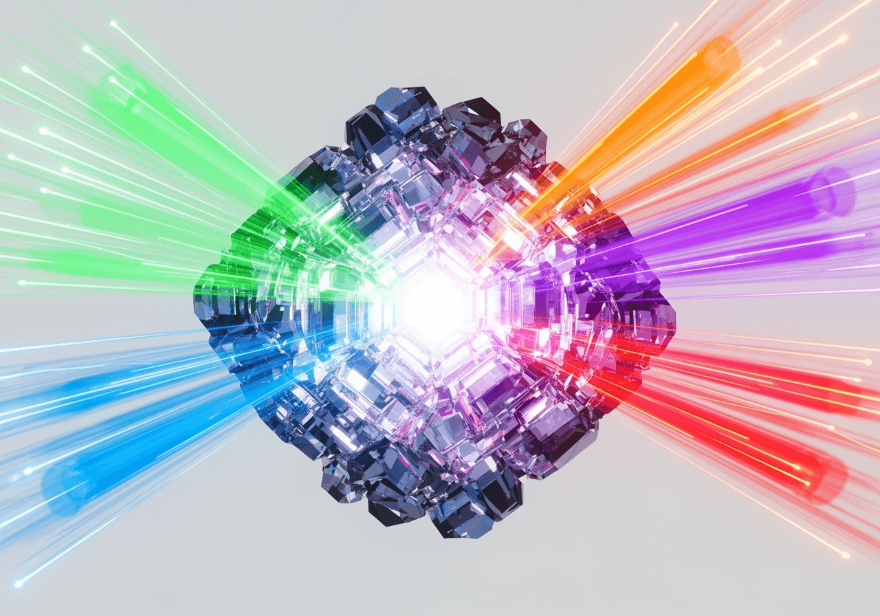 Central glowing processor with high-speed light streams, representing a fast, all-in-one AI platform.