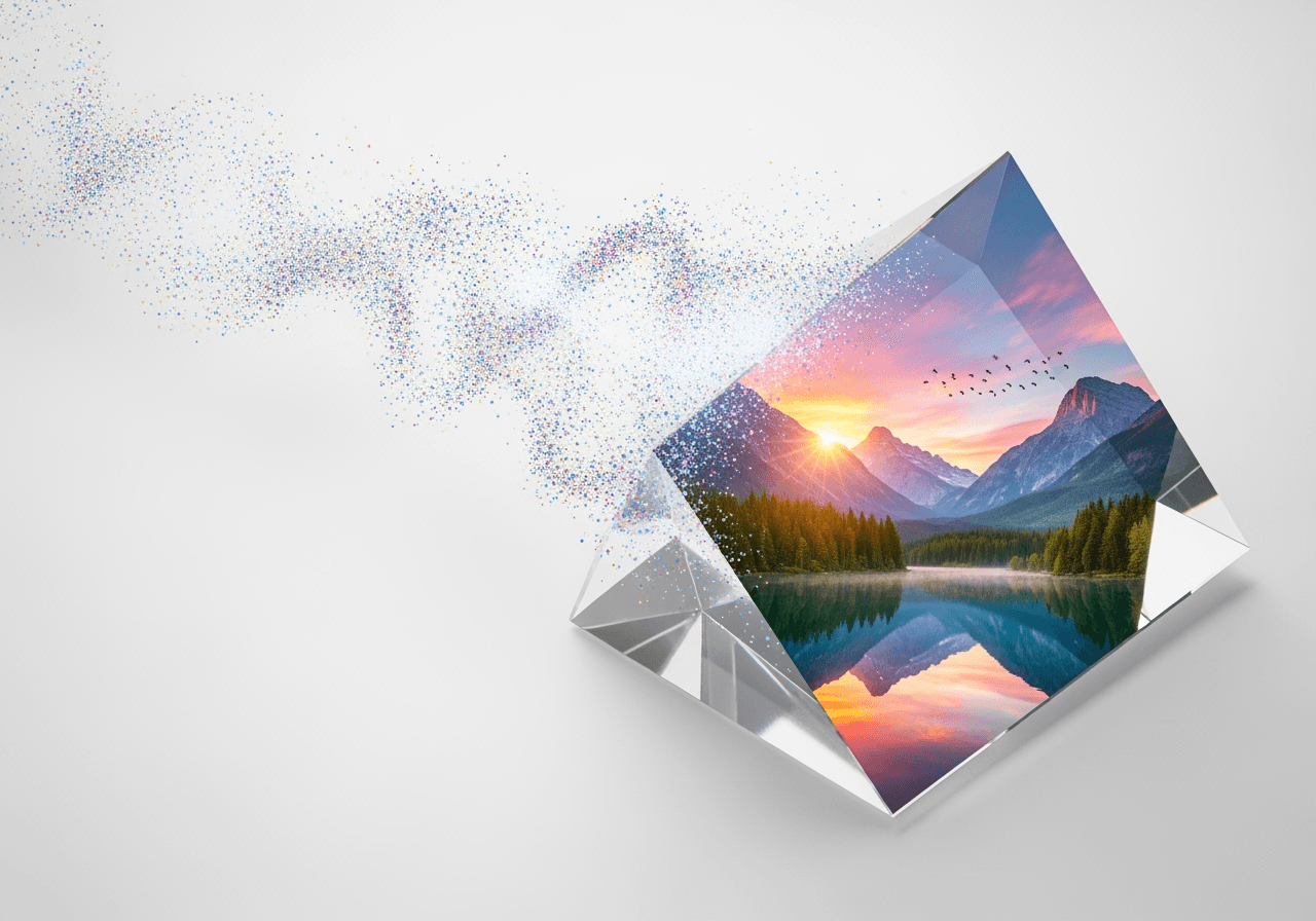 Abstract image of a light stream transforming into a photorealistic landscape, symbolizing AI image generation.