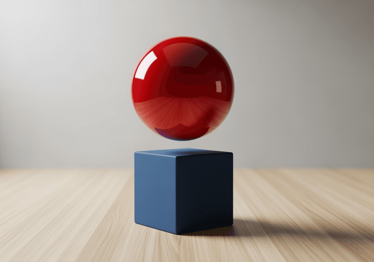 A photorealistic red sphere floating above a blue cube, demonstrating the AI's precision and realism.