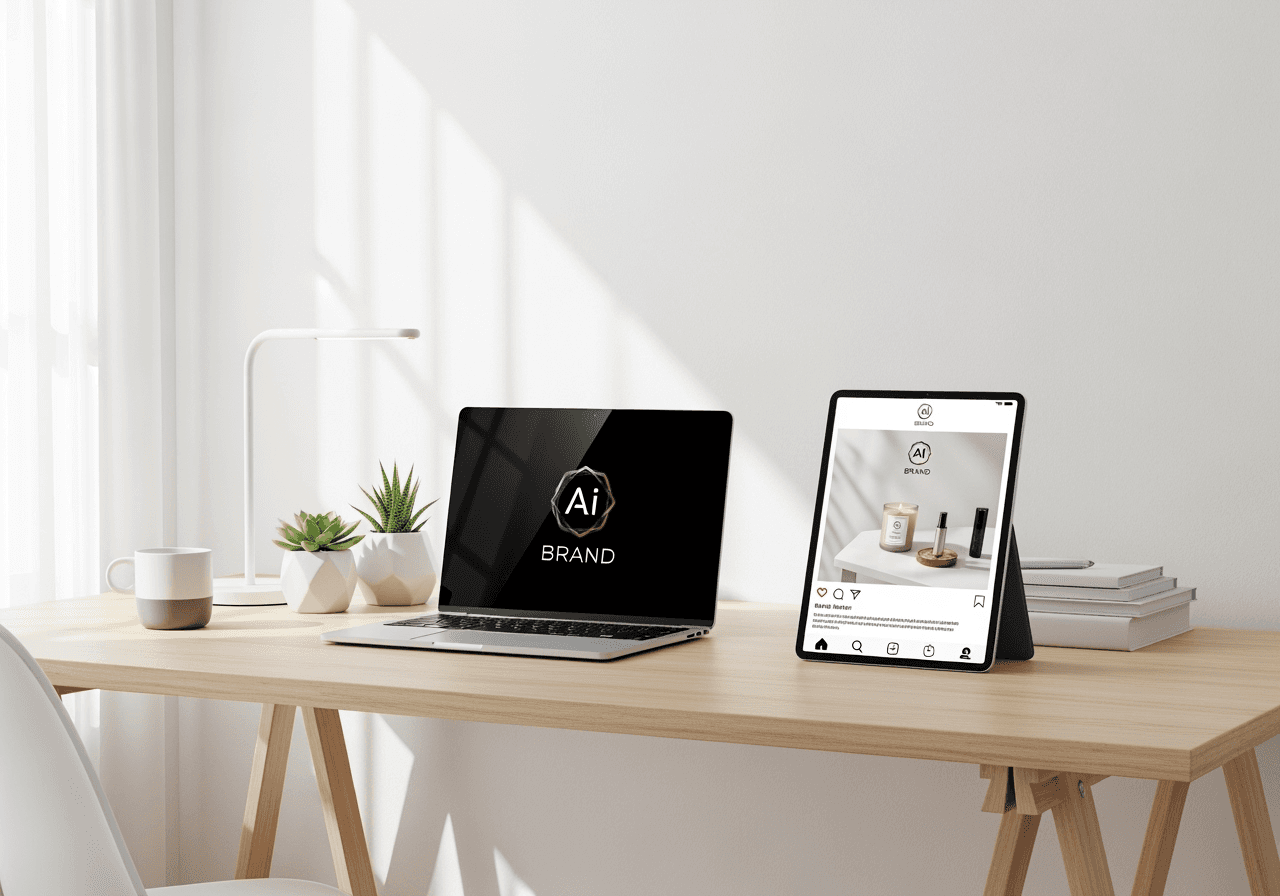 A clean workspace showing AI-generated professional brand assets like a logo and social media post.