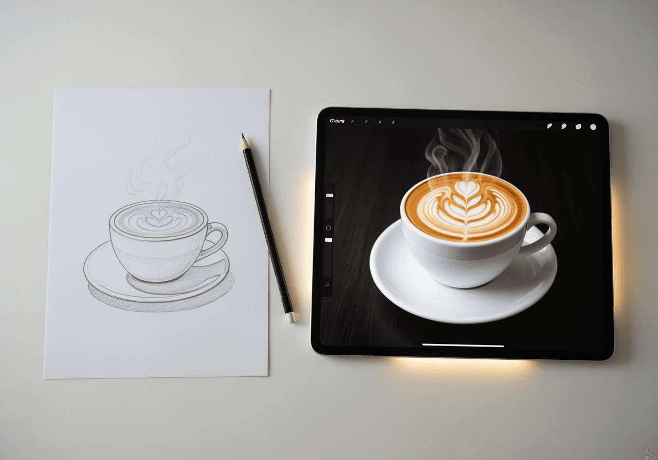 A pencil sketch of a cup next to a tablet showing a photorealistic latte, symbolizing the easy creation process.