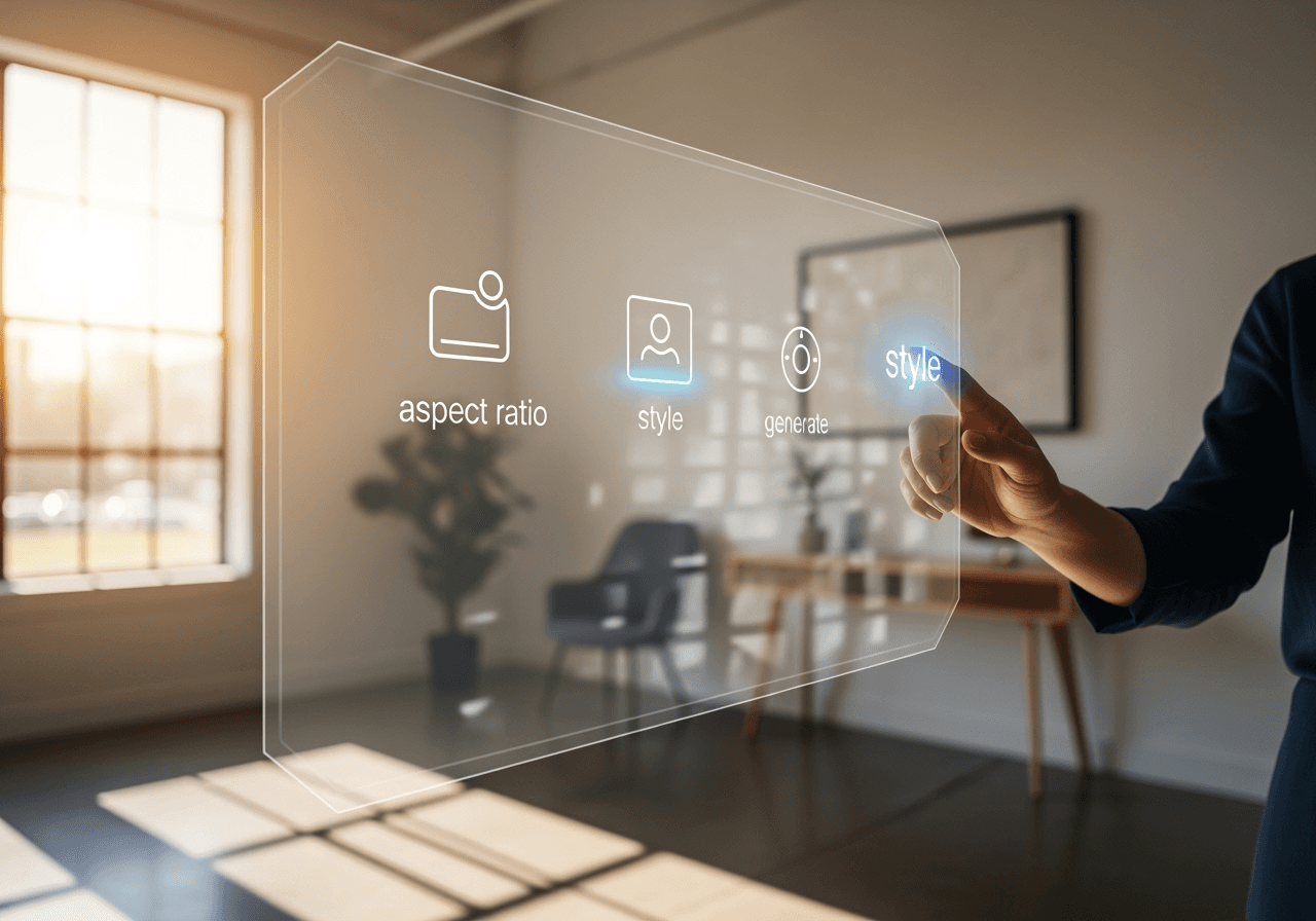 A person using a simple, futuristic holographic interface to select image generation styles, symbolizing ease of use.