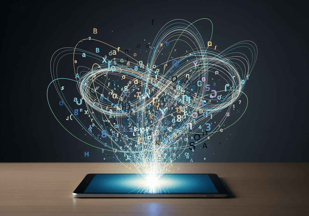 A tablet on a clean desk with glowing abstract letters and light trails emerging from it, representing AI text-to-image generation.