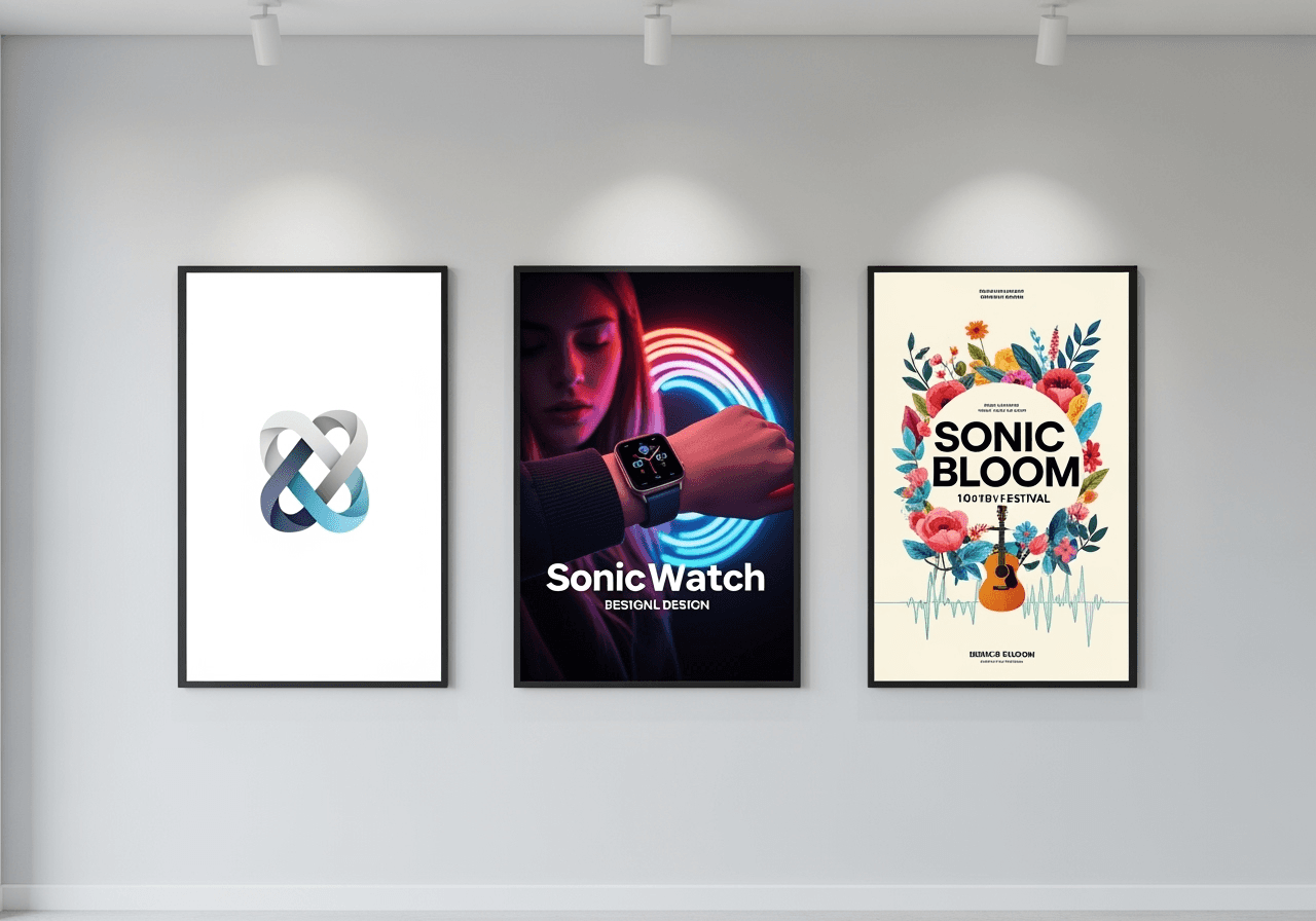 A gallery wall in a modern studio displaying a logo, a marketing image, and a poster, showing diverse creative AI outputs.