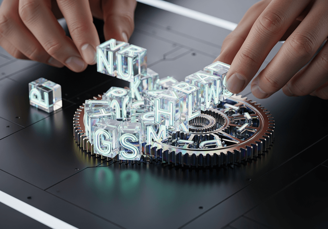 A close-up of hands arranging glowing letters that are transforming into a detailed, photorealistic mechanical gear, representing precision.