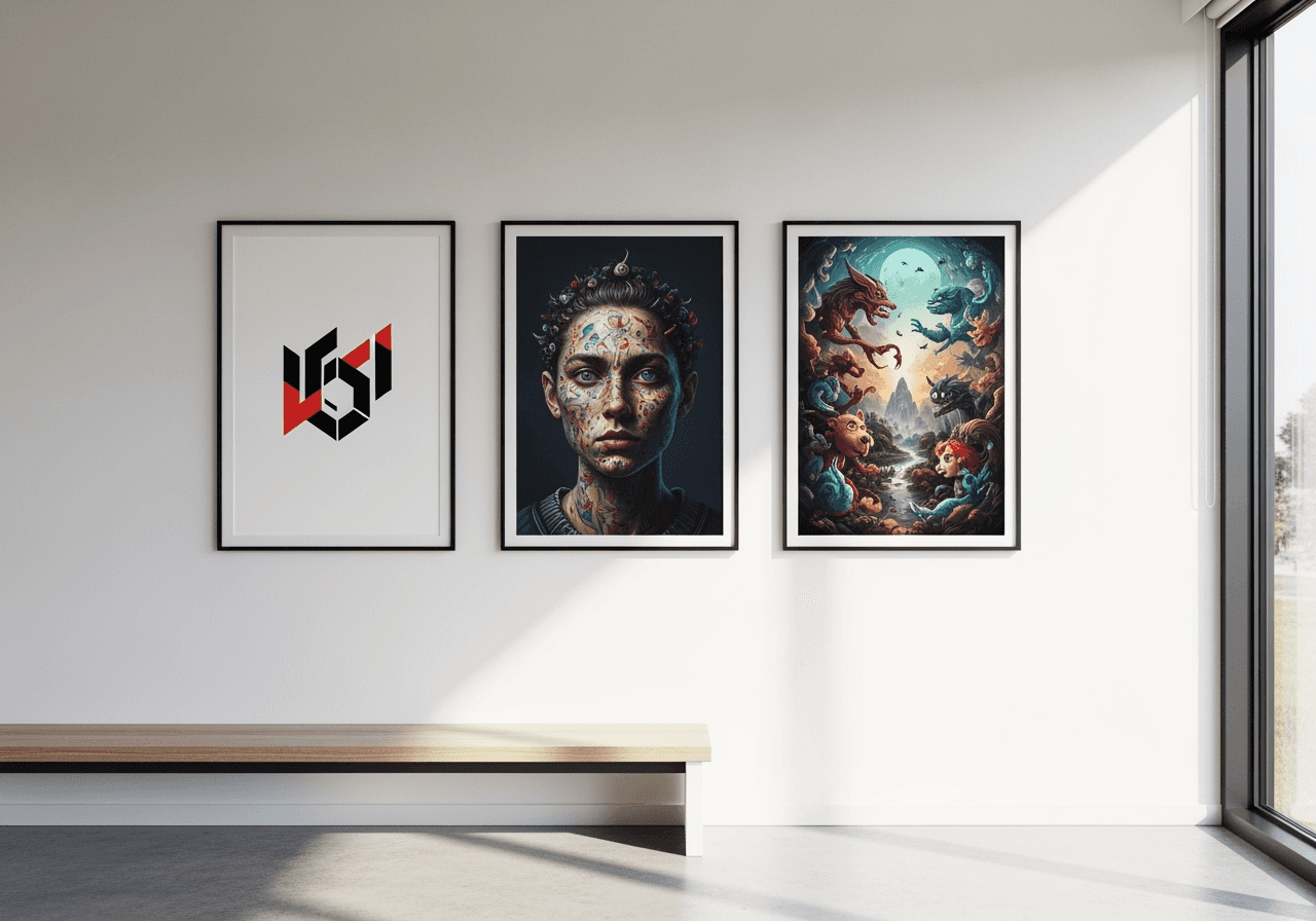 A gallery wall showing the diverse outputs of AI: a logo, a photorealistic portrait, and an illustration.