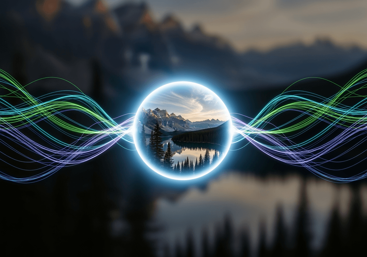 Abstract concept of text transforming into a photorealistic image, representing AI generation.