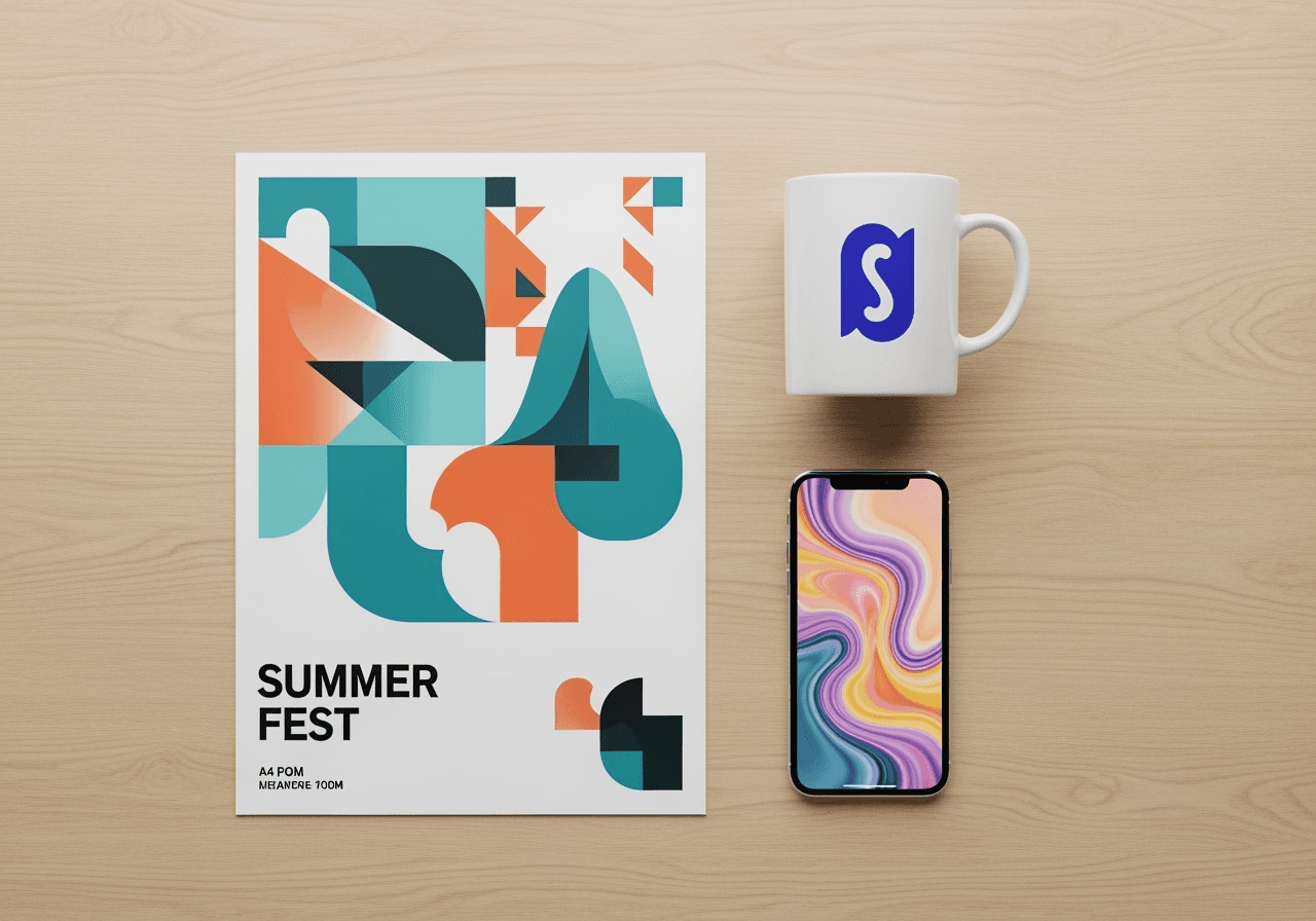 A flat lay of products created with AI, including a poster, a mug, and a phone wallpaper.