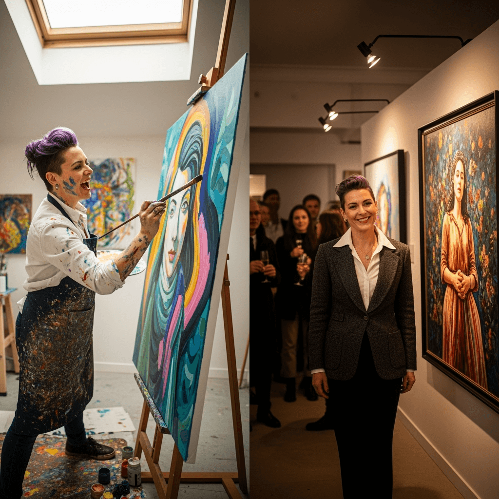 Luma Photon 1 artist in her studio, actively painting a vibrant, colorful portrait, showcasing the creative process.