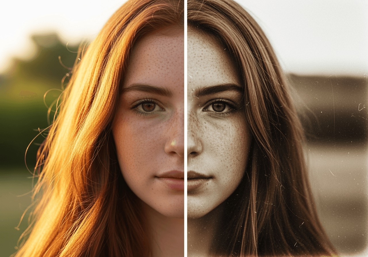A stunning runway gen4 image showcasing a split portrait of a woman, half in modern color and half in vintage sepia tones, highlighting transformation.