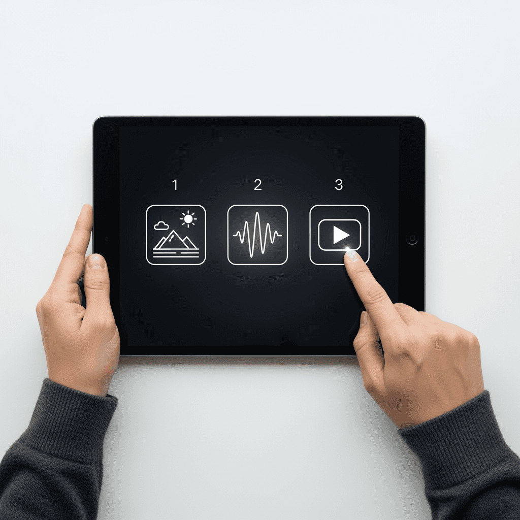A hand using a modern tablet to illustrate a simple three-step process of creating a video from an image using AI.