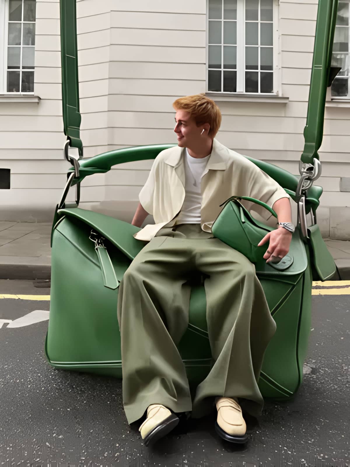 Applying the playful Higgsfield Soul concept to high fashion, a man sits on a giant green handbag in a surreal style statement.