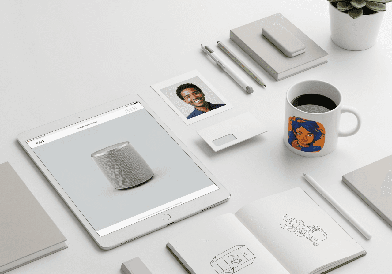 A desk with various creative projects like a website and mug, all using images with removed backgrounds to show versatility.