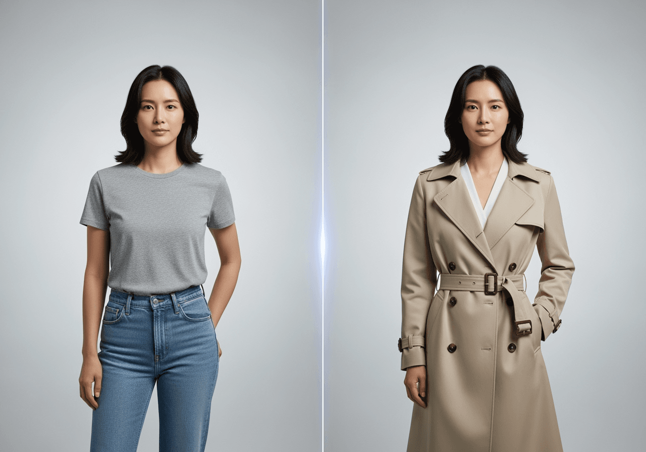 A split-screen image showing a woman's outfit changing from a t-shirt to a trench coat via AI.