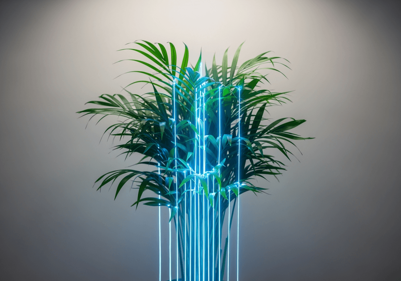 An abstract image of glowing lines scanning a plant, symbolizing the automatic AI background removal process.