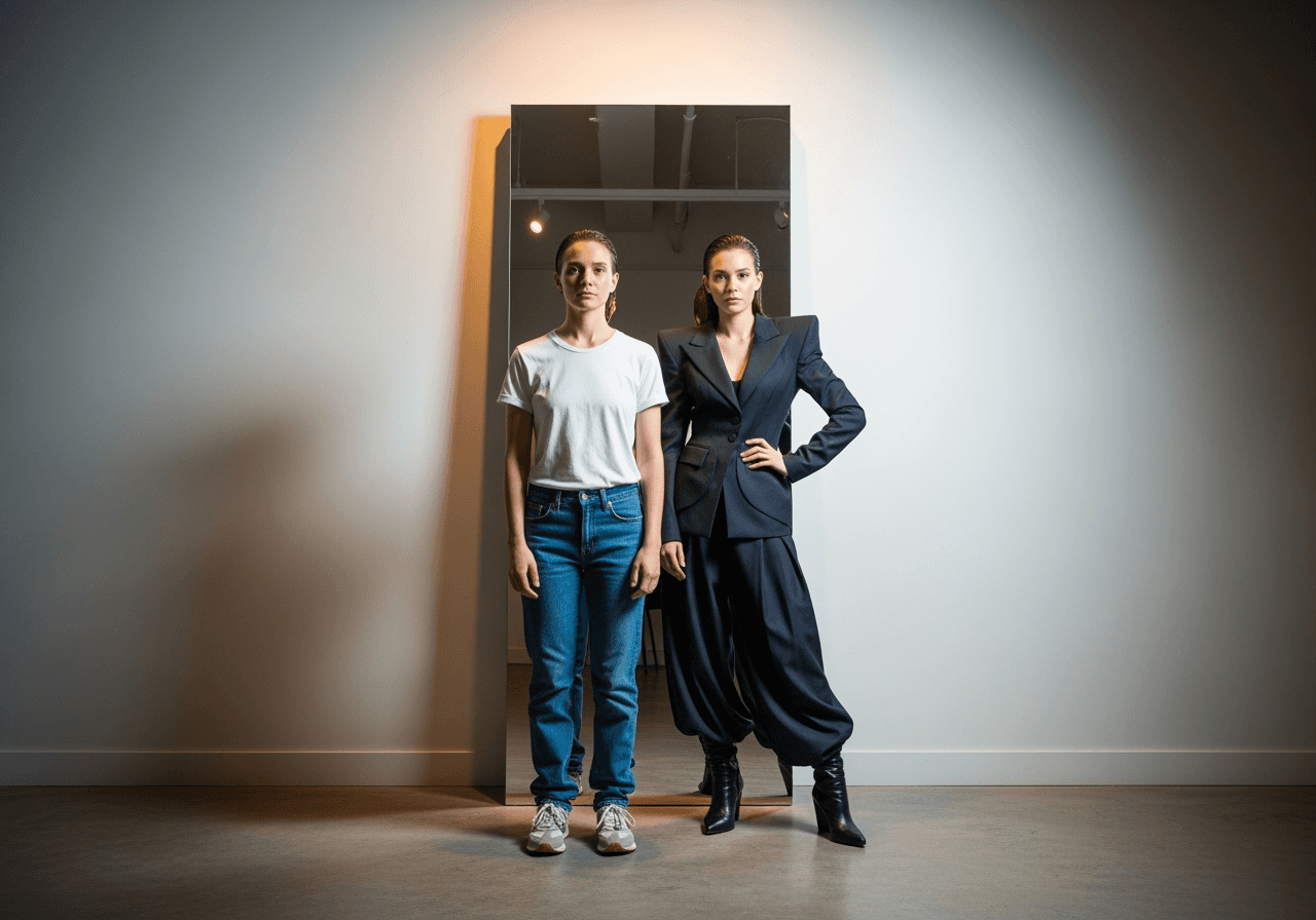 A person looks in a mirror, and their reflection wears a different, AI-generated outfit, representing the creative process.