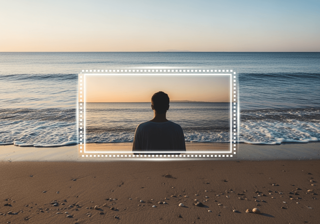 A visual metaphor for AI background expansion, where a small photo's frame extends to reveal a much larger, beautiful landscape.