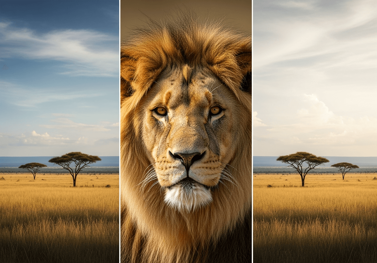 A vertical photo of a lion being transformed by AI into a wide, horizontal landscape image by adding more savanna background.