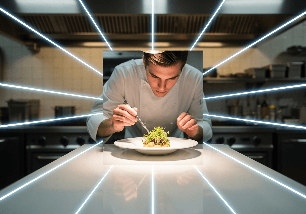 An abstract image showing a photo of a chef with its background being digitally expanded by an AI process.