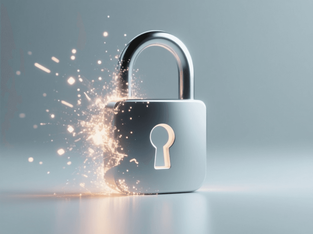 A dissolving digital padlock, symbolizing instant, unrestricted access to a service.