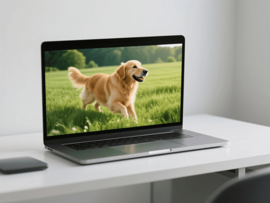 A modern laptop on a clean desk, with a realistic video of a dog playing in a field emerging from the screen, representing AI video generation.