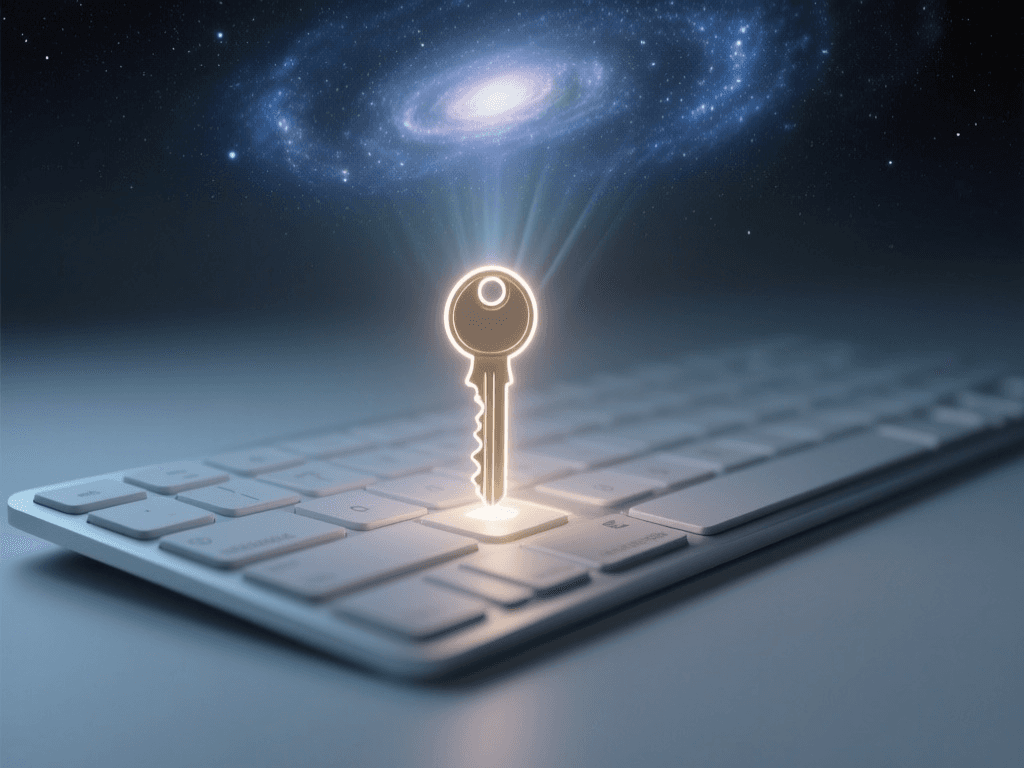 A single glowing key on a keyboard projecting a galaxy, symbolizing immediate access to infinite creative possibilities.