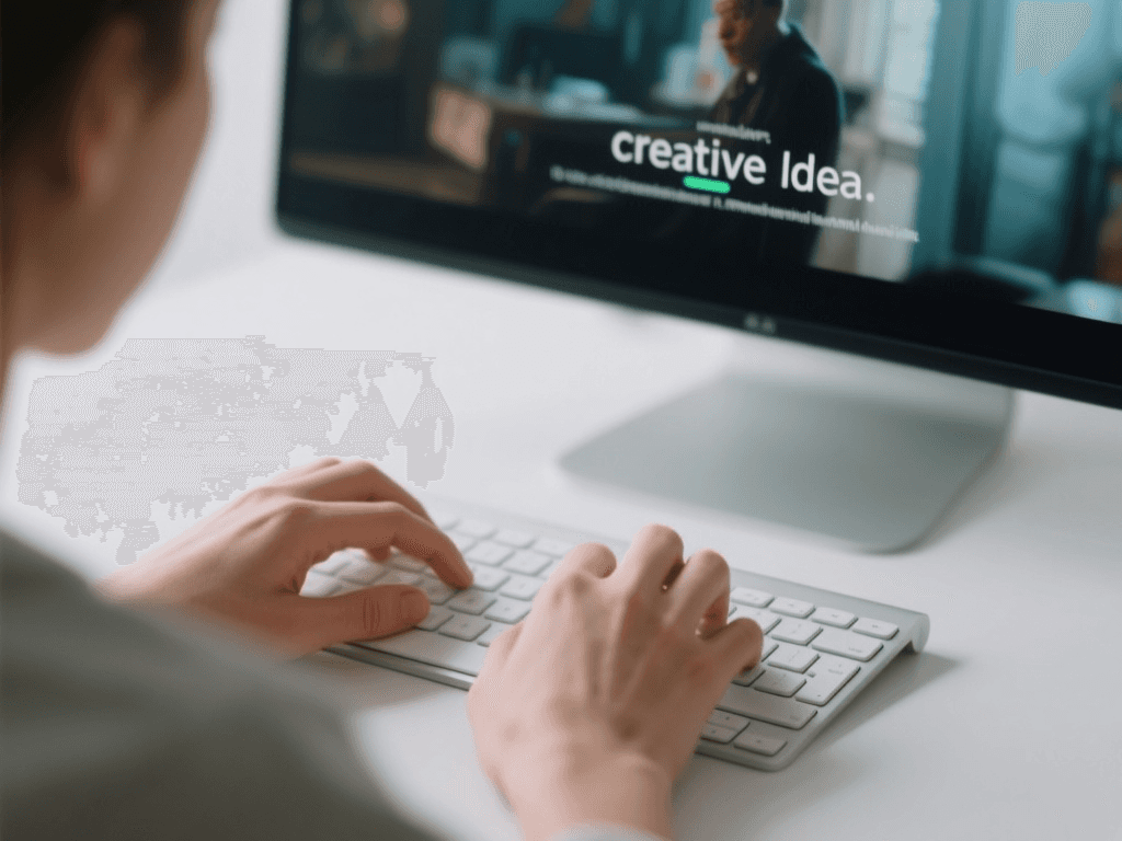 A close-up of hands typing on a keyboard with a beautiful AI-generated video appearing on a screen in the background, showing the simple 3-step process.