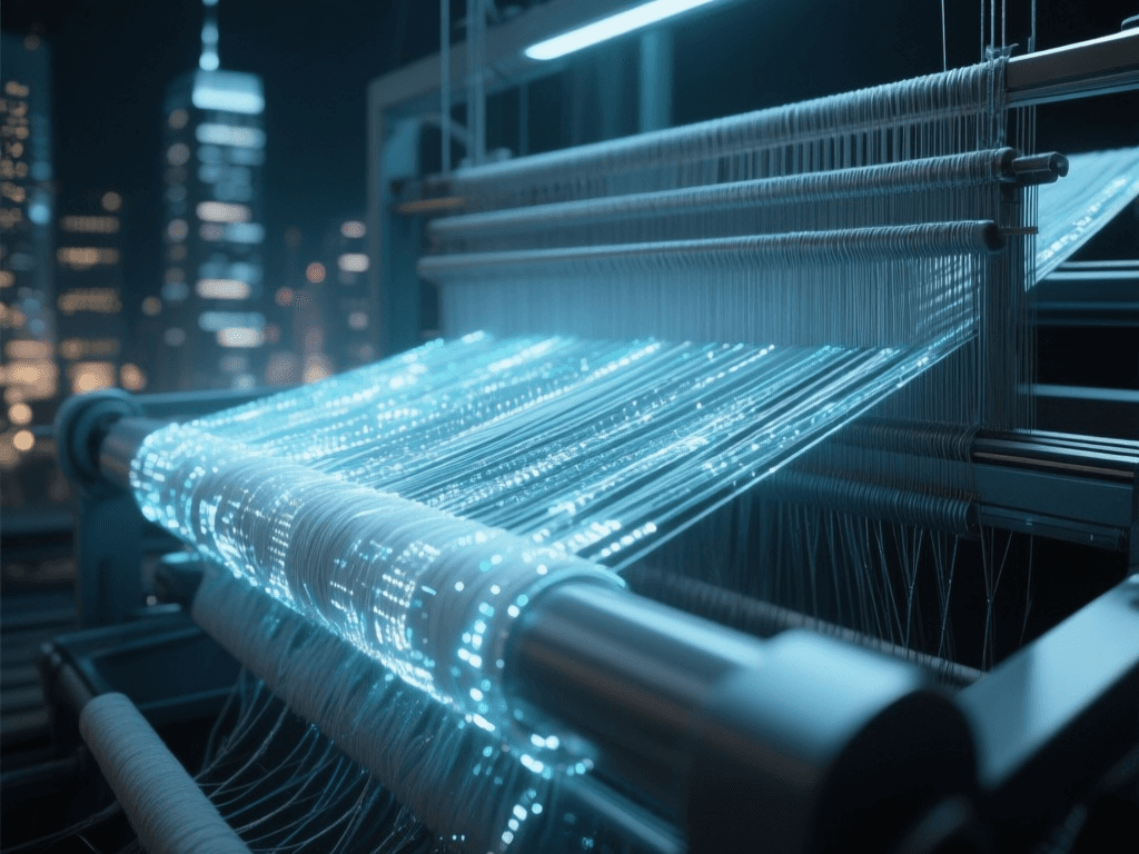 A digital loom weaving a realistic city scene from light, symbolizing the key features of AI video generation.