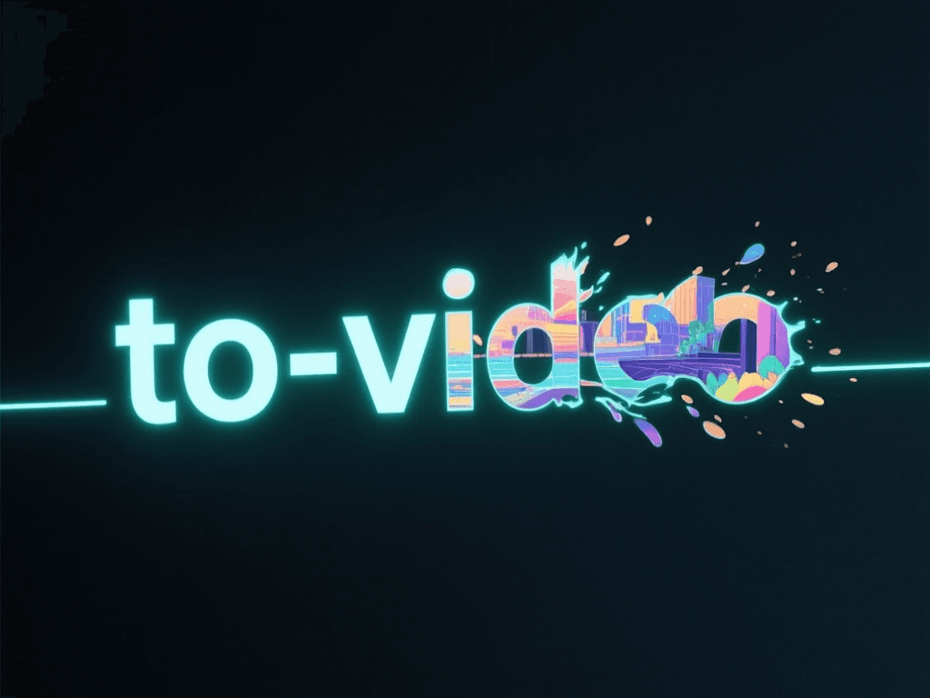 A glowing line of text transforming into a colorful scene, representing the process of AI video creation.