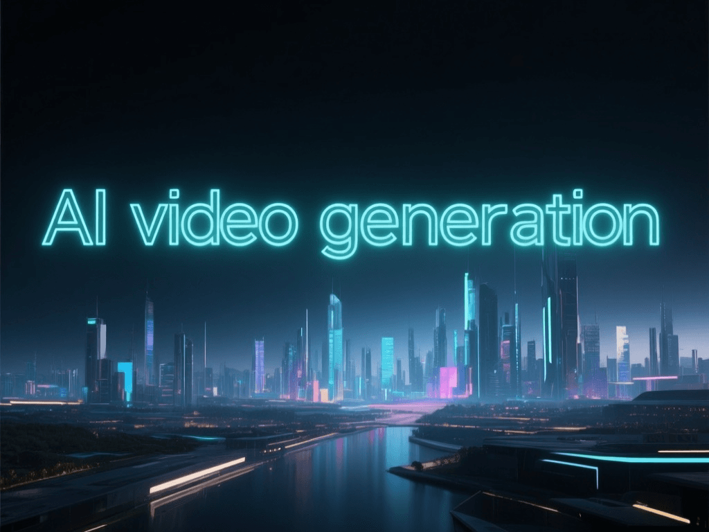 An abstract representation of text transforming into a cinematic city, symbolizing AI video creation.