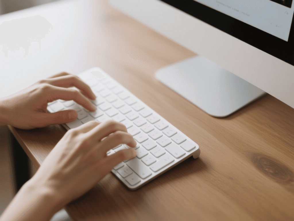 Top-down view of hands on a minimalist keyboard, symbolizing the ease of creating with AI.