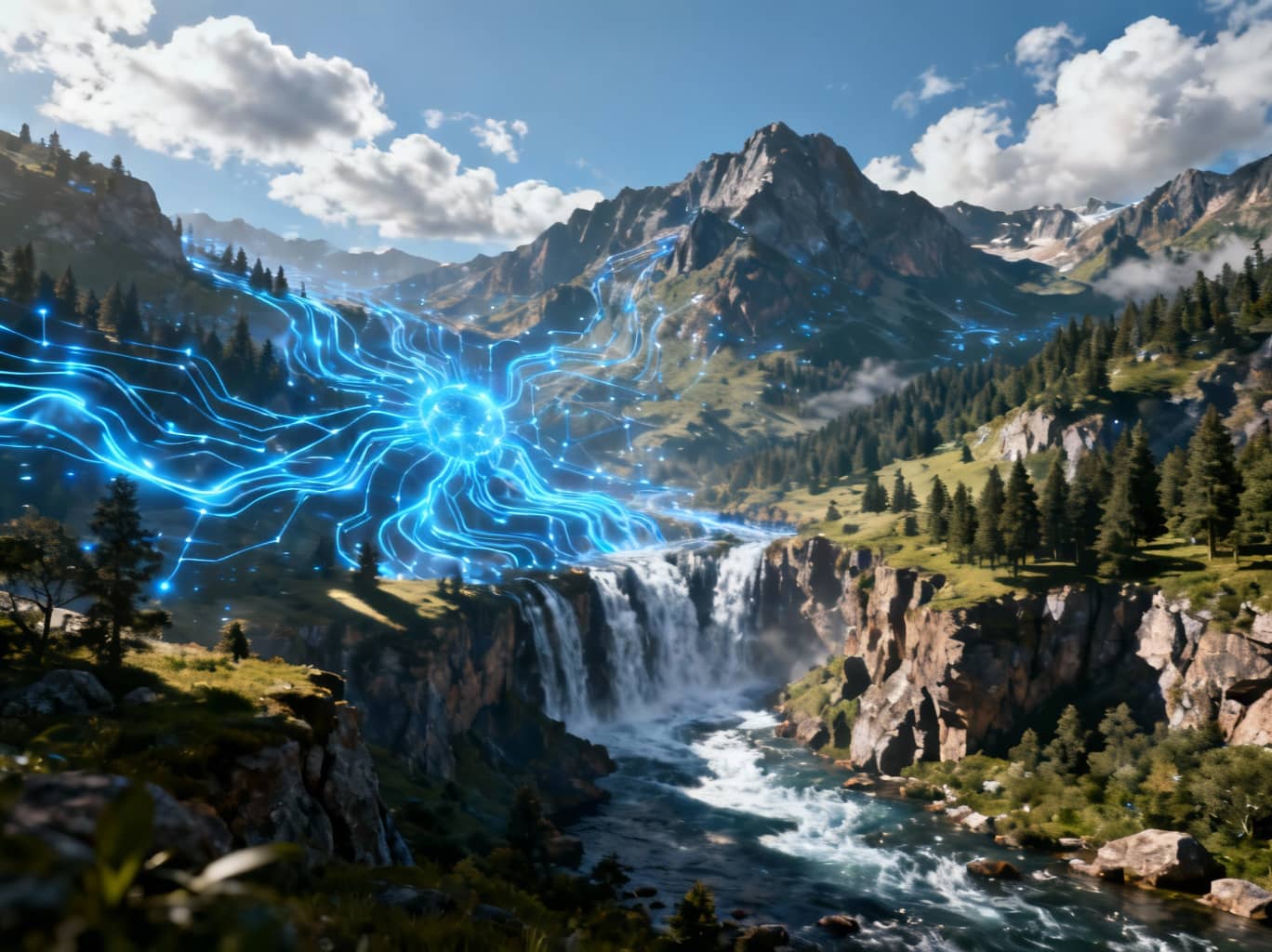 An abstract neural network transforming into a realistic landscape, symbolizing AI video generation.