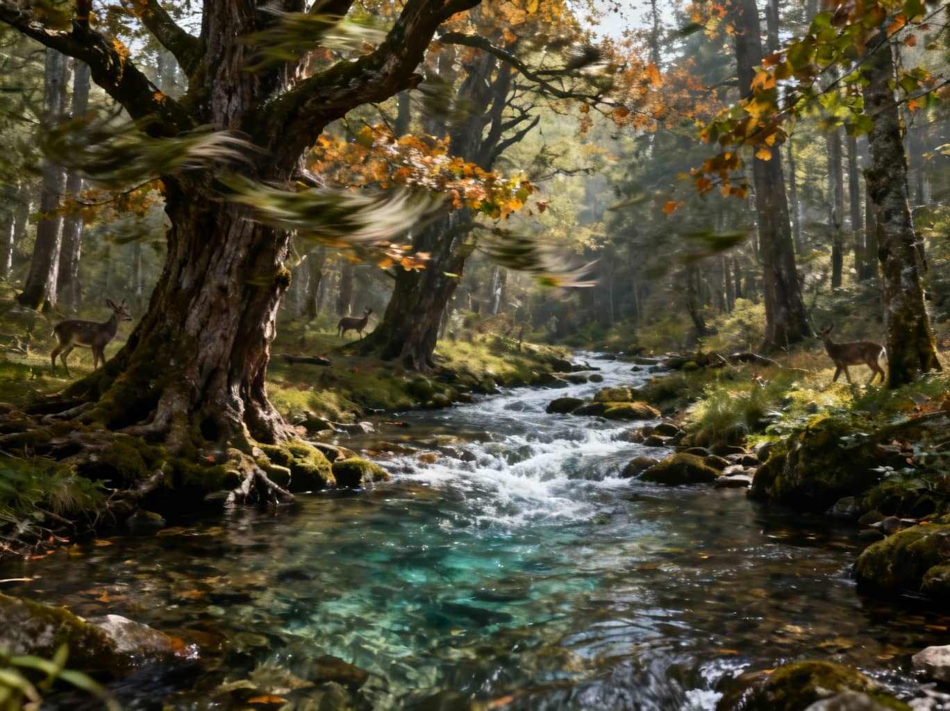 Sora 2 nature photography rendering serene forest scenes with authentic physics simulation. Crystal-clear streams, ancient trees, and natural wildlife behavior demonstrating Sora 2's photorealistic environmental image generation capabilities.