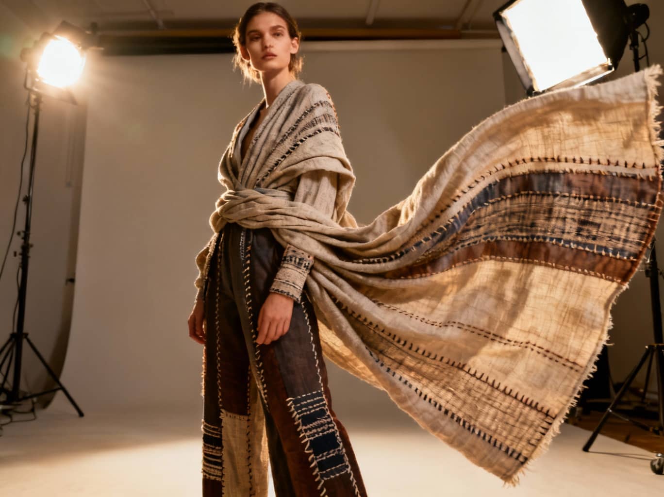 Sora 2 fashion photography displaying designer clothing with intricate fabric texture details. Natural draping, material sheen, and sophisticated styling demonstrating Sora 2's high-end fashion industry image generation capabilities.