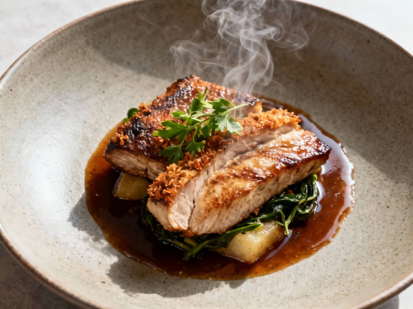 Sora 2 gourmet food photography creating exquisite dish presentations with realistic textures. Steam effects, material properties, and professional culinary styling showcasing Sora 2's mouth-watering food image generation technology.