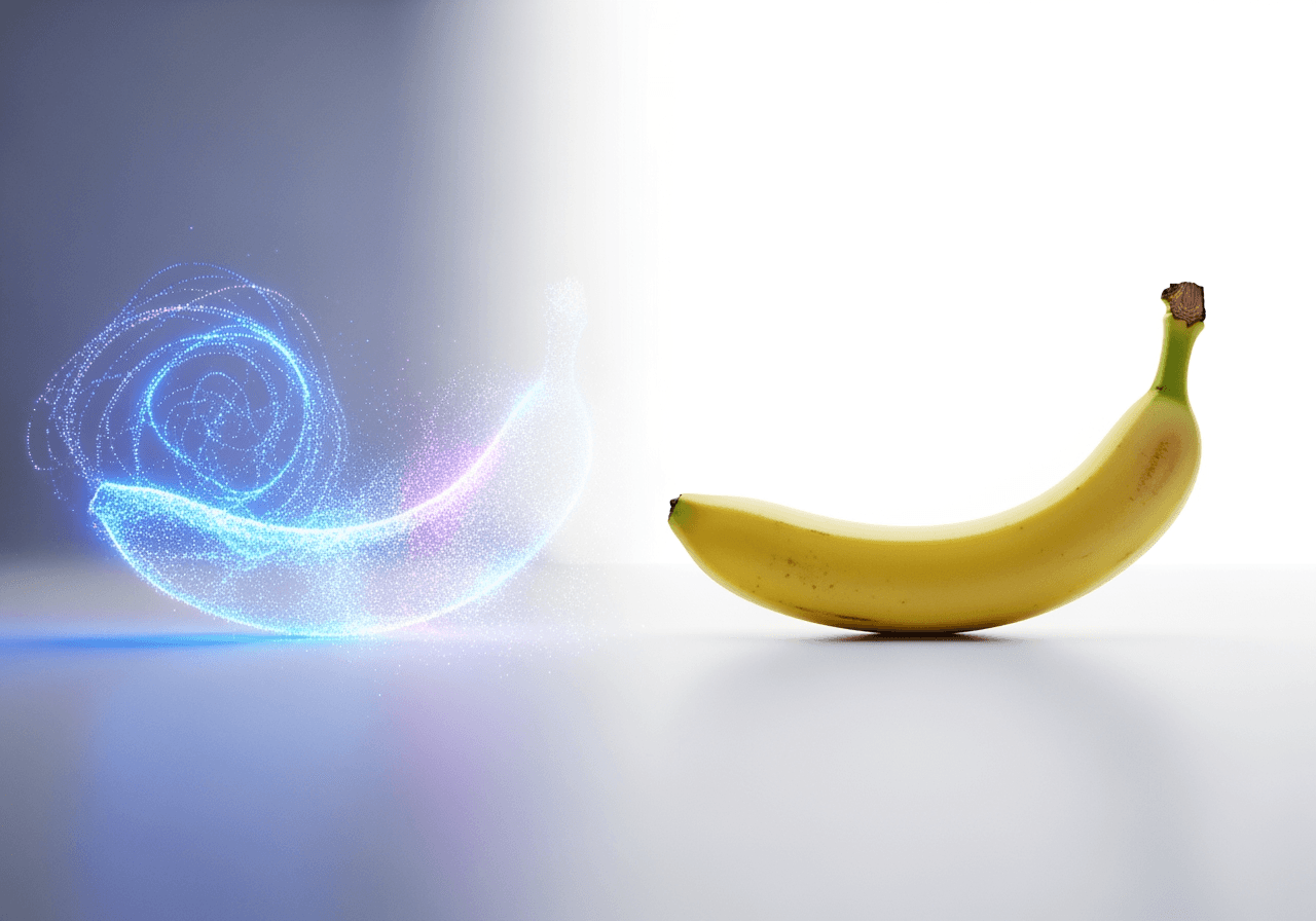 Abstract representation of an idea transforming into a photorealistic banana, symbolizing AI image generation.