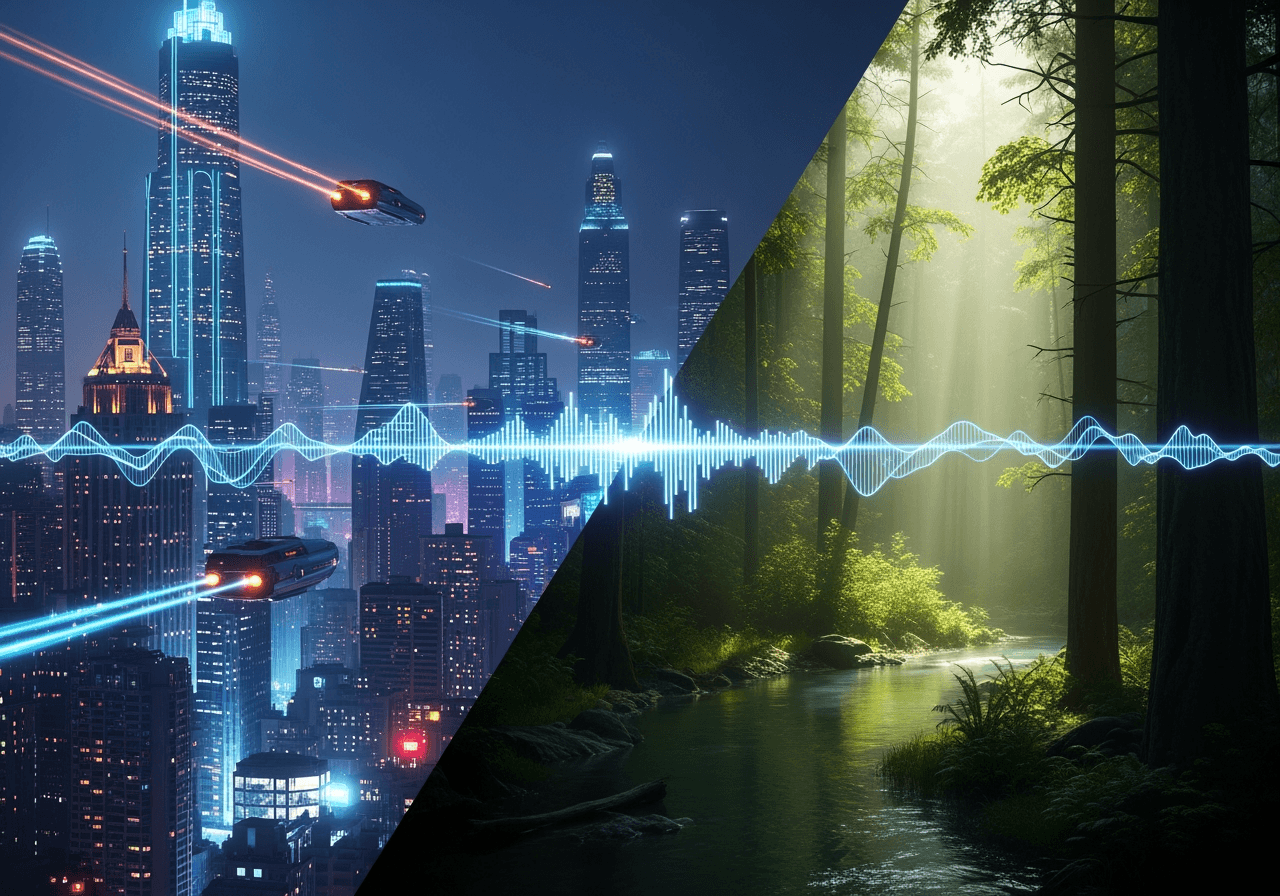 Cinematic video transition morphing city into nature with digital liquid effect
