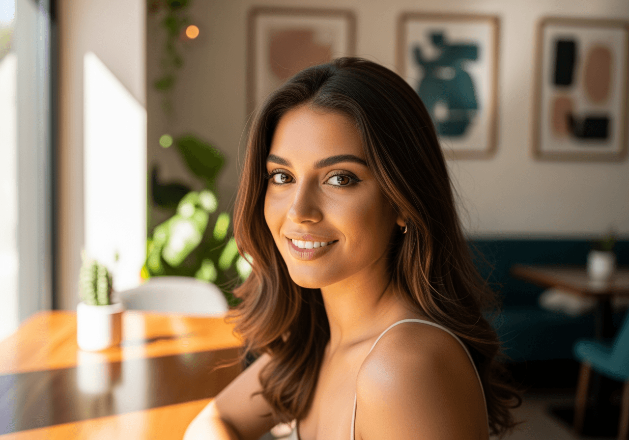 カフェに座って温かい笑顔を見せるAI彼女キャラクターの高画質ポートレート