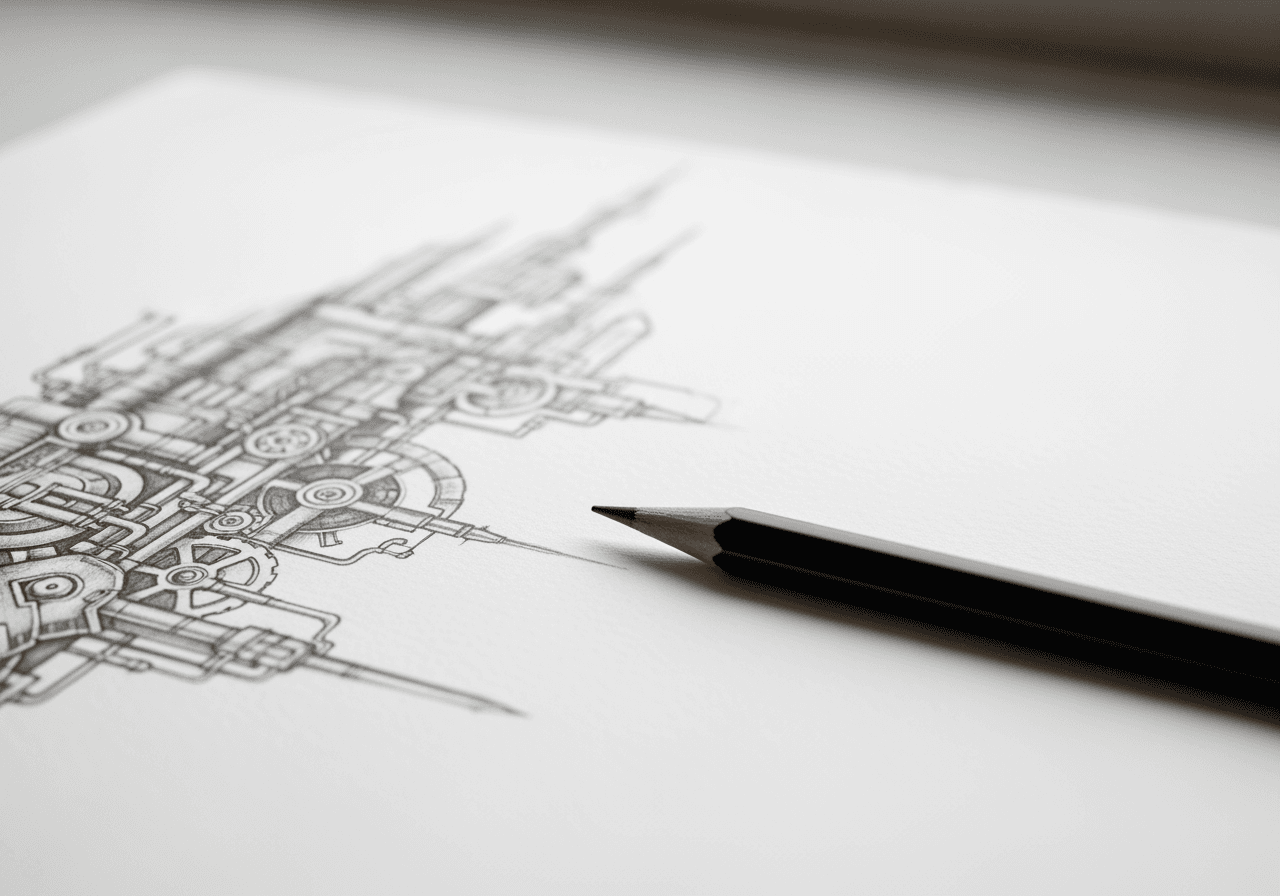 Matita appoggiata su carta ruvida con uno schizzo dettagliato di un paesaggio urbano steampunk